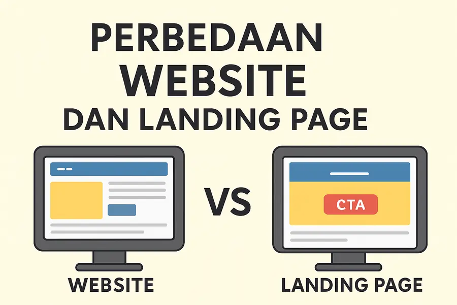 ilustrasi perbandingan landing page dan website lengkap untuk bisnis